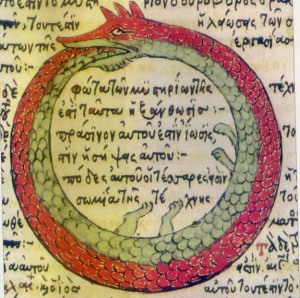 A classic depiction of Ouroboros, signifying eternal return 