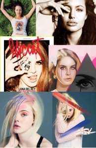 From top to bottom: Angelina Jolie, Lana Del Ray and Elle Fanning with Illuminati symbolism