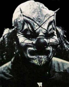 Slipknot singer wearing a clown mask with upside down pentagram carved into it - a recipe for nightmares?