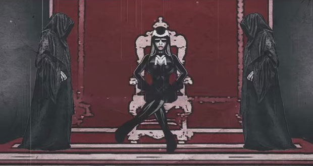 Nicki Minaj depicted as a dictator and flanked by figures of darkness in a still from the videoclip from her song "Only" Source