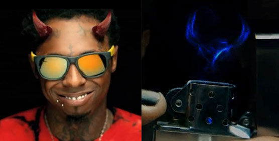 Subliminal images of Lil Wayne as a demon and demon head in lighter flame from his "Love Me" clip