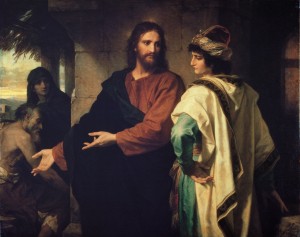Jesus and the rich young ruler being told he would have to let go of his riches if he hoped to reach salvation